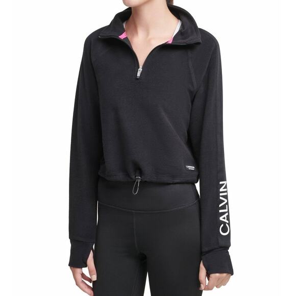 Calvin‎ Klein Performance Black Logo 1/4 Zip Cropped Fleece Top Size Small - Picture 1 of 8
